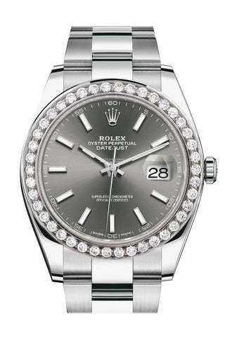 Rolex Custom Diamond Bezel Datejust 41 Dark Rhodium Dial Steel Men 126300 WatchGuyNYC
