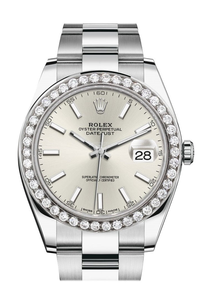 Rolex Custom Diamond Bezel Datejust 41 Silver Dial Steel Men