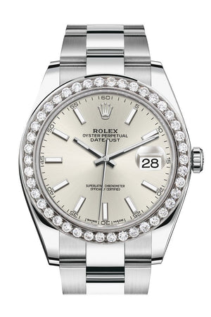 Rolex Custom Diamond Bezel Datejust 41Mm Silver Dial Steel Oyster Mens Watch 126300 / Si None