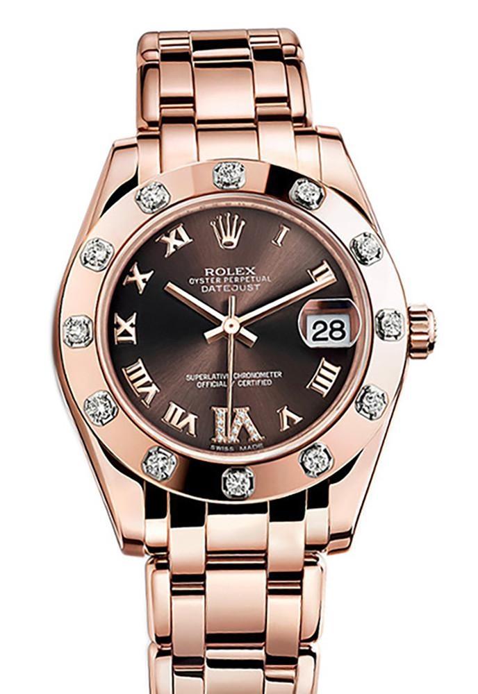 Rolex Pearlmaster 34 Chocolate Set With Diamonds Set On Vi Dial 18K Rose Gold Watch 81315
